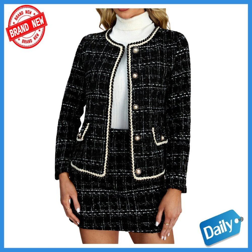 Plaid Tweed Jacket & Mini Skirt Set, Long Sleeve Button Front